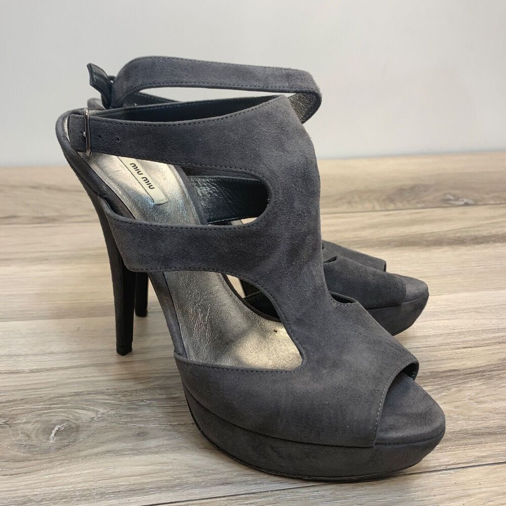 Miu‎ Miu Womens Gray Leather Suede Peep Toe Stilletto High Heels Shoes Size 38